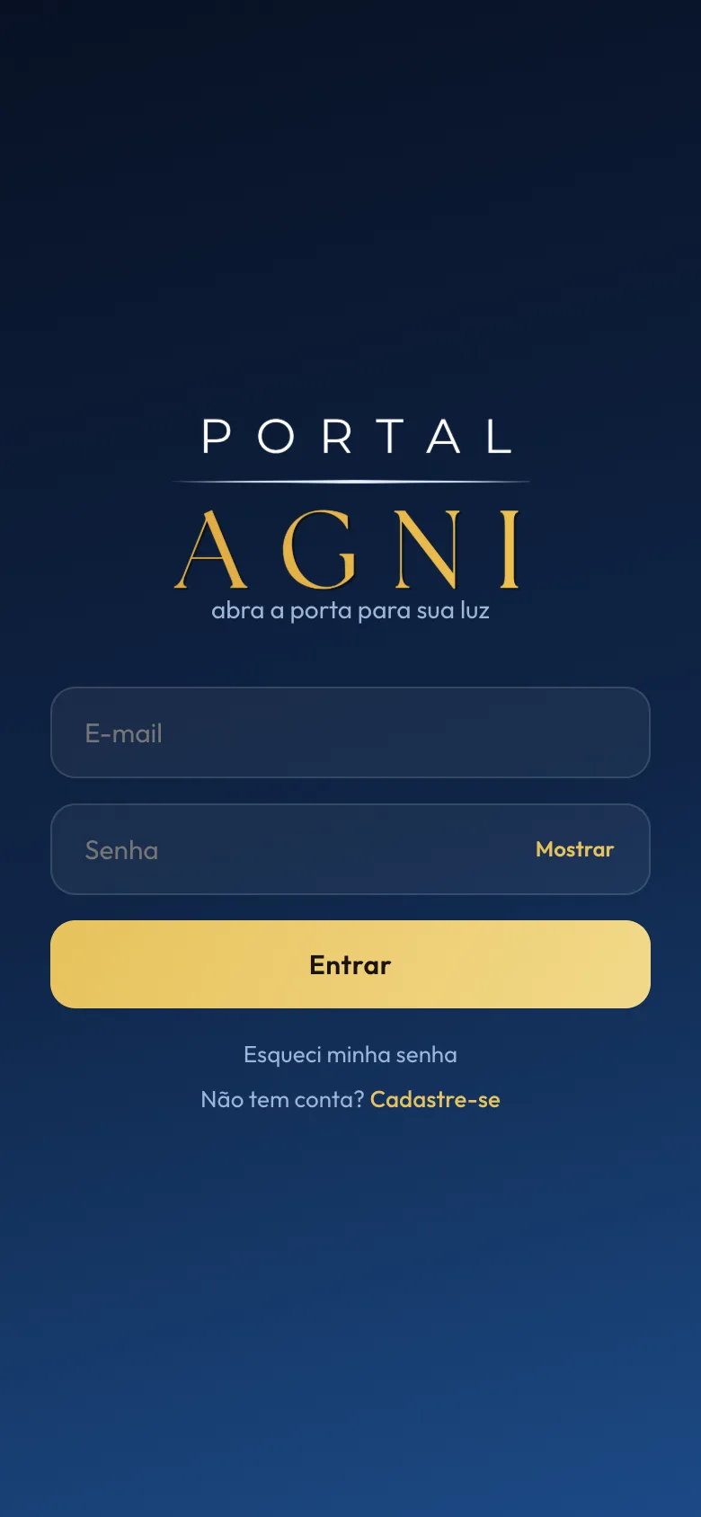 Ecrã de entrada do Portal Agni no telemóvel